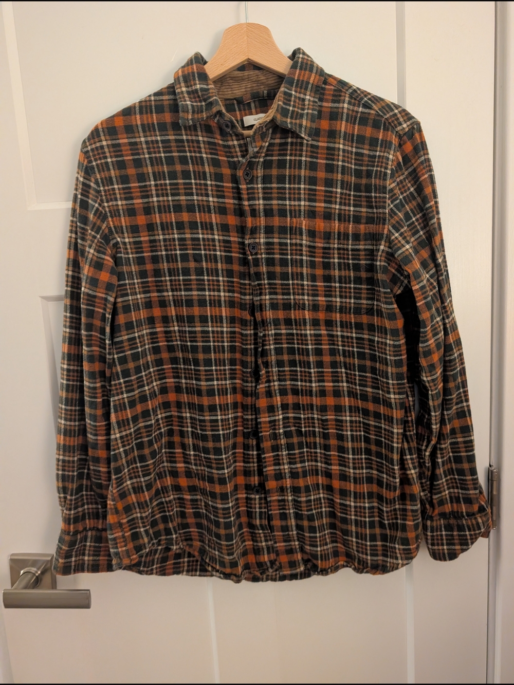 Fall Flannel, Men's Orange and Black Plaid Button-Up Shirt, Medium